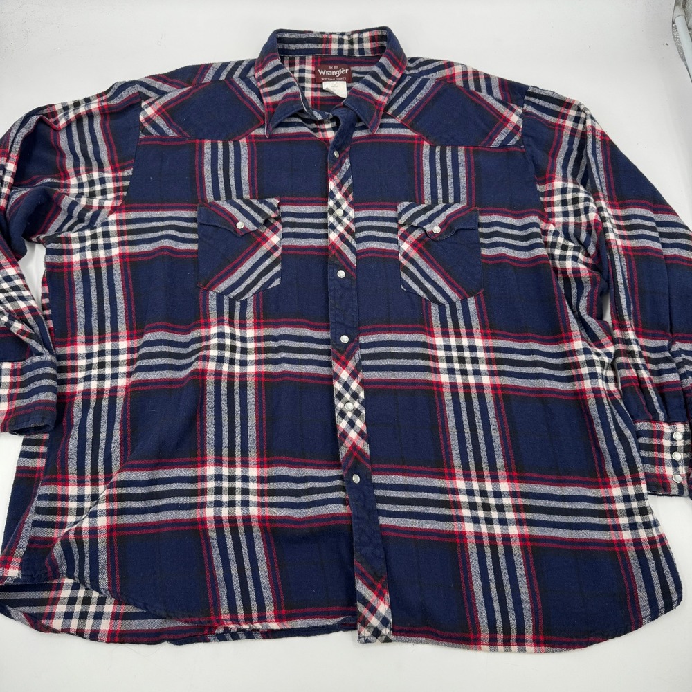 Wrangler Western Shirt Mens 3X Big Navy Blue Red Plaid Pearl Snap WM501BT